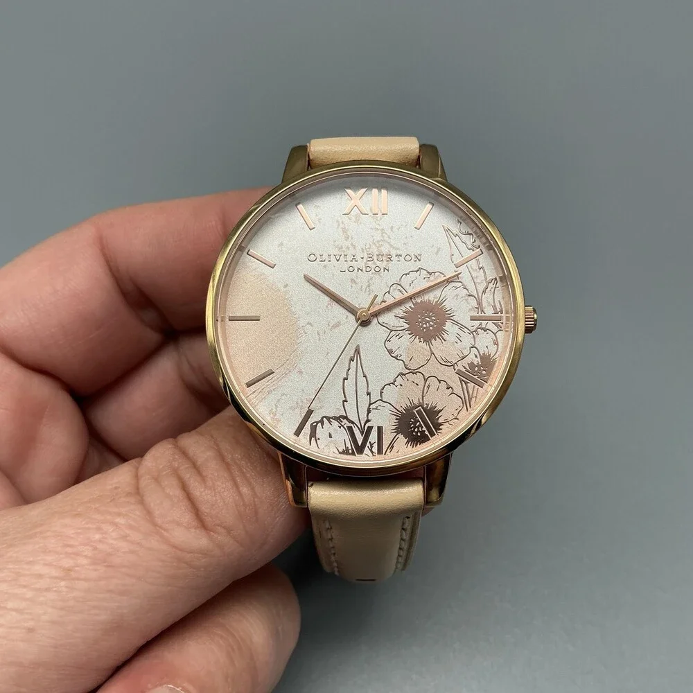 Olivia Burton Womens Watch 38mm Pink Floral Dial Beige Leather New Battery